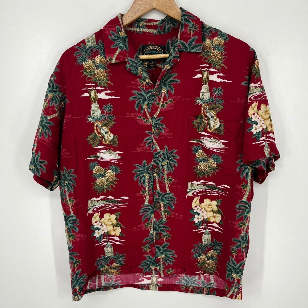Hawaiian Reserve Collection Mens Red Tropical Aloha Rayon Shirt Medium Vtg